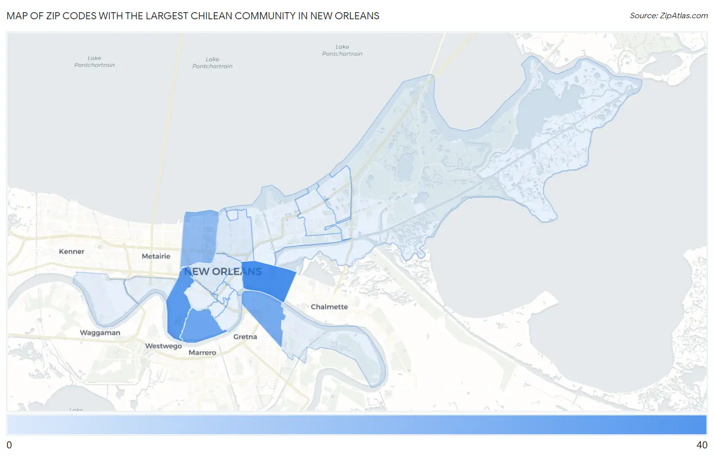 Zip Codes with the Largest Chilean Community in New Orleans Map