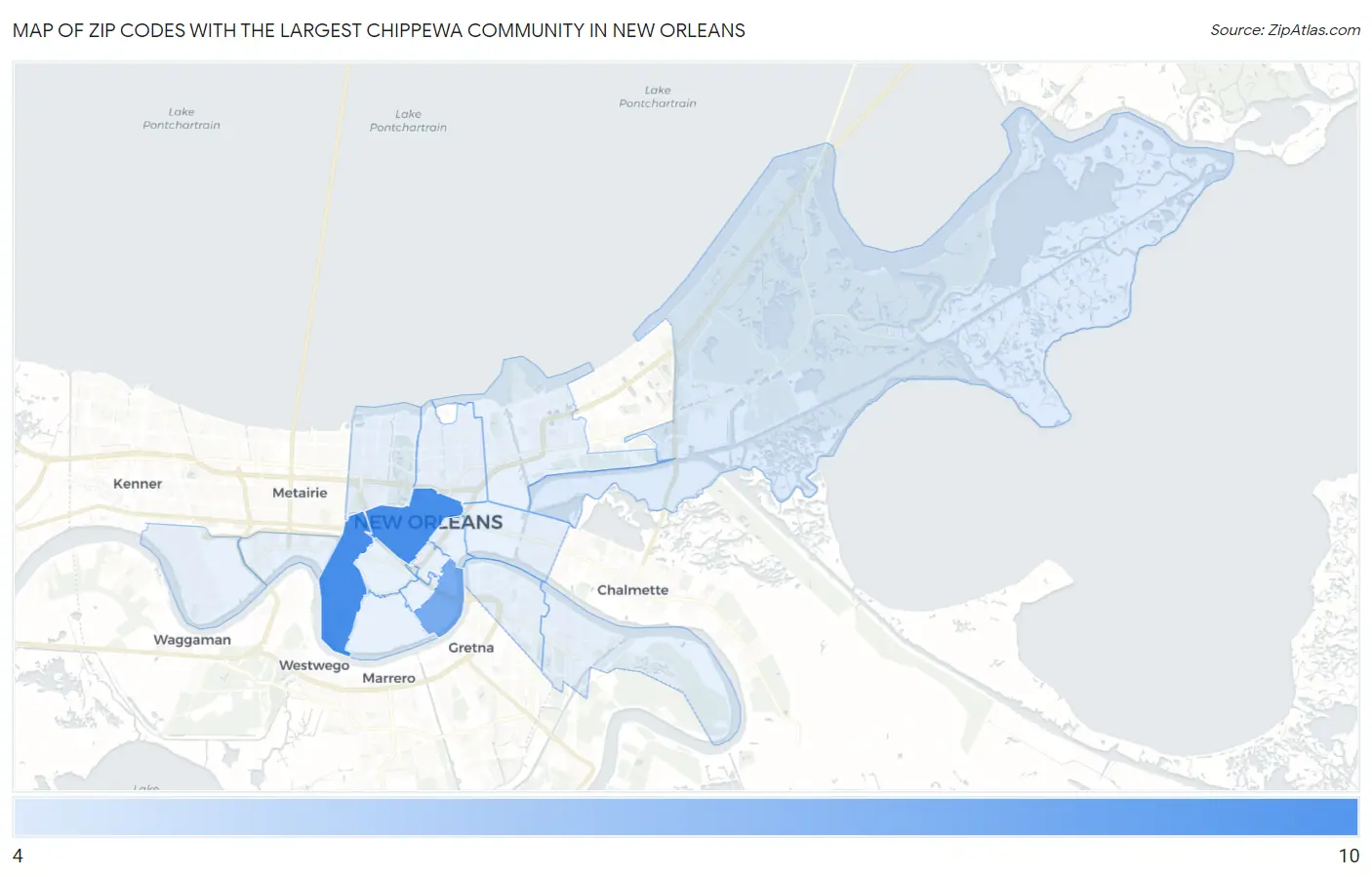 Zip Codes with the Largest Chippewa Community in New Orleans Map
