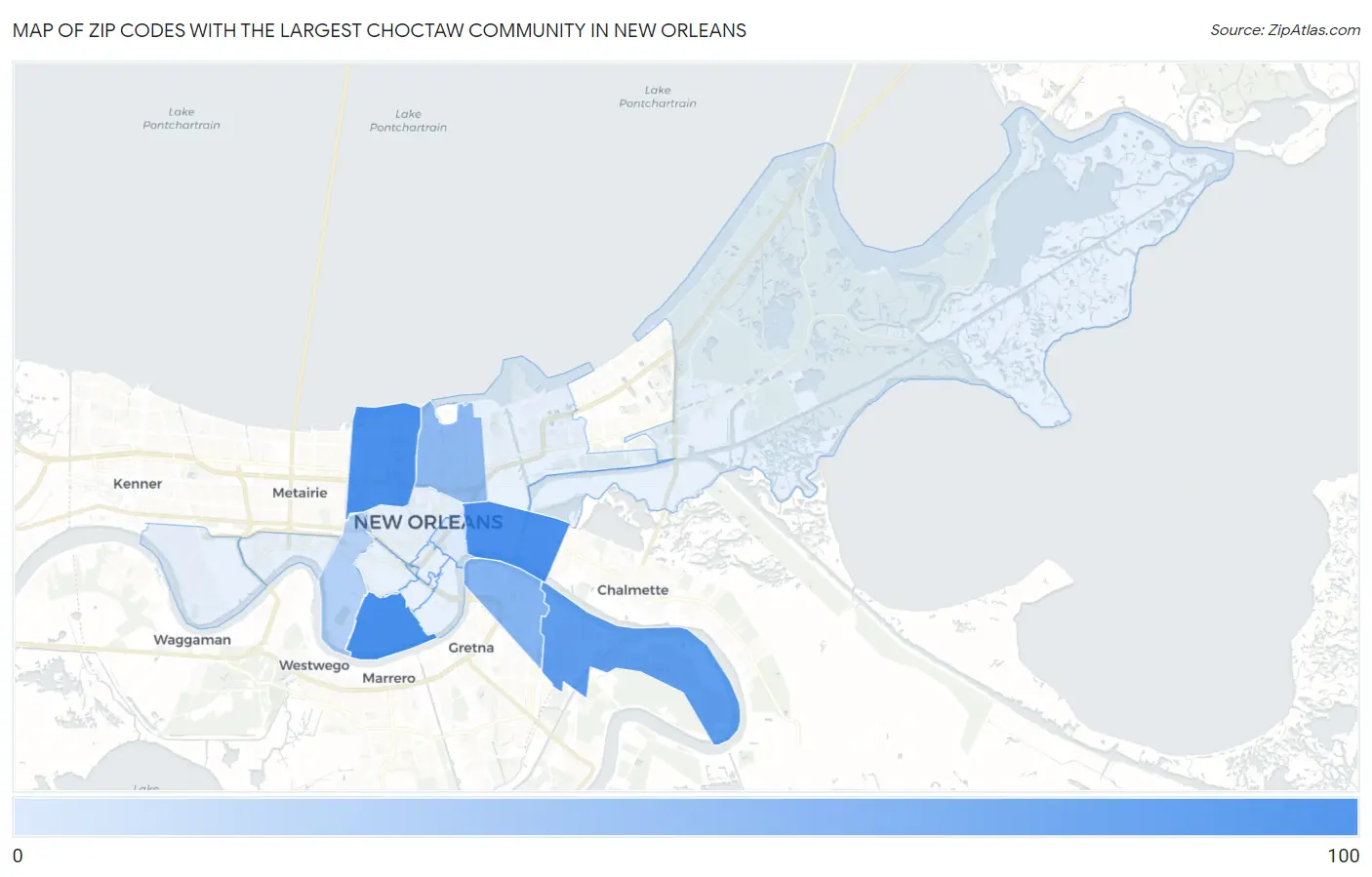 Zip Codes with the Largest Choctaw Community in New Orleans Map