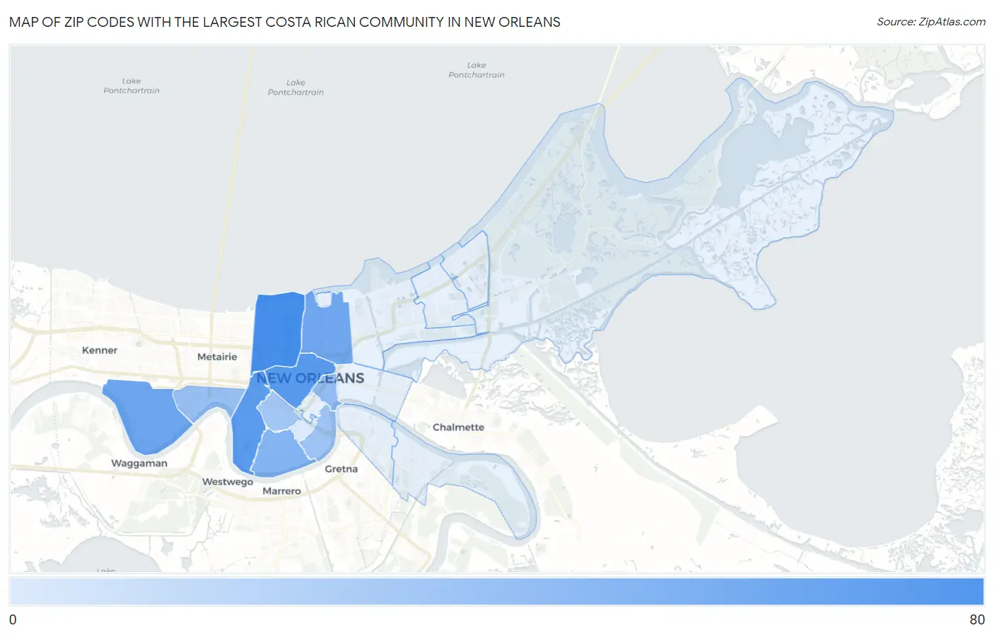 Zip Codes with the Largest Costa Rican Community in New Orleans Map
