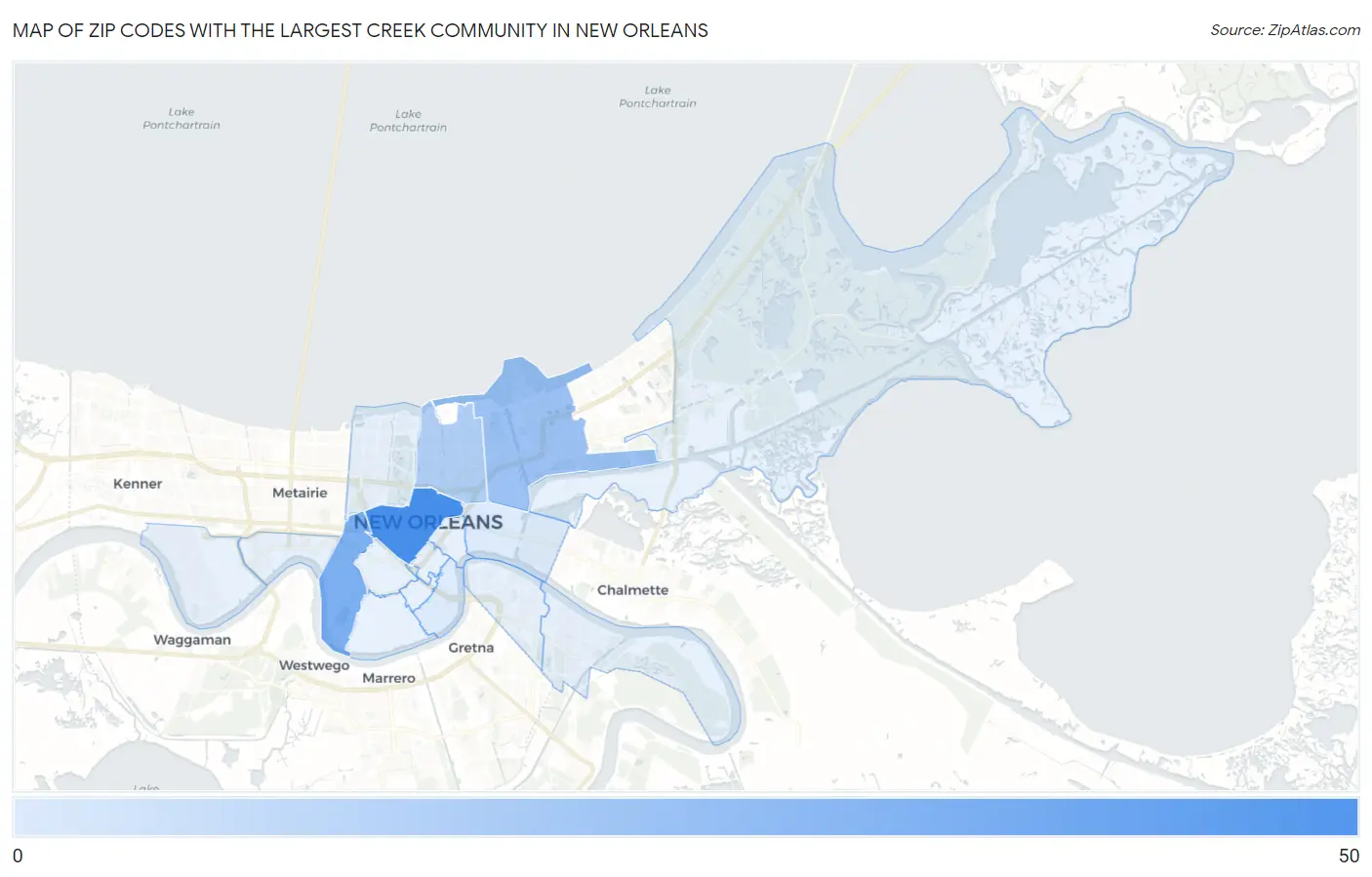 Zip Codes with the Largest Creek Community in New Orleans Map
