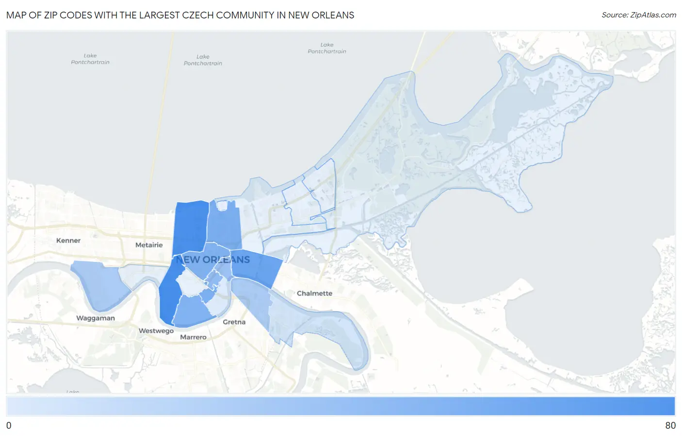 Zip Codes with the Largest Czech Community in New Orleans Map