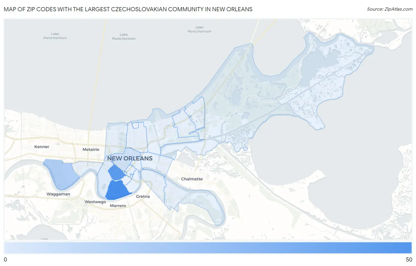Zip Codes with the Largest Czechoslovakian Community in New Orleans Map