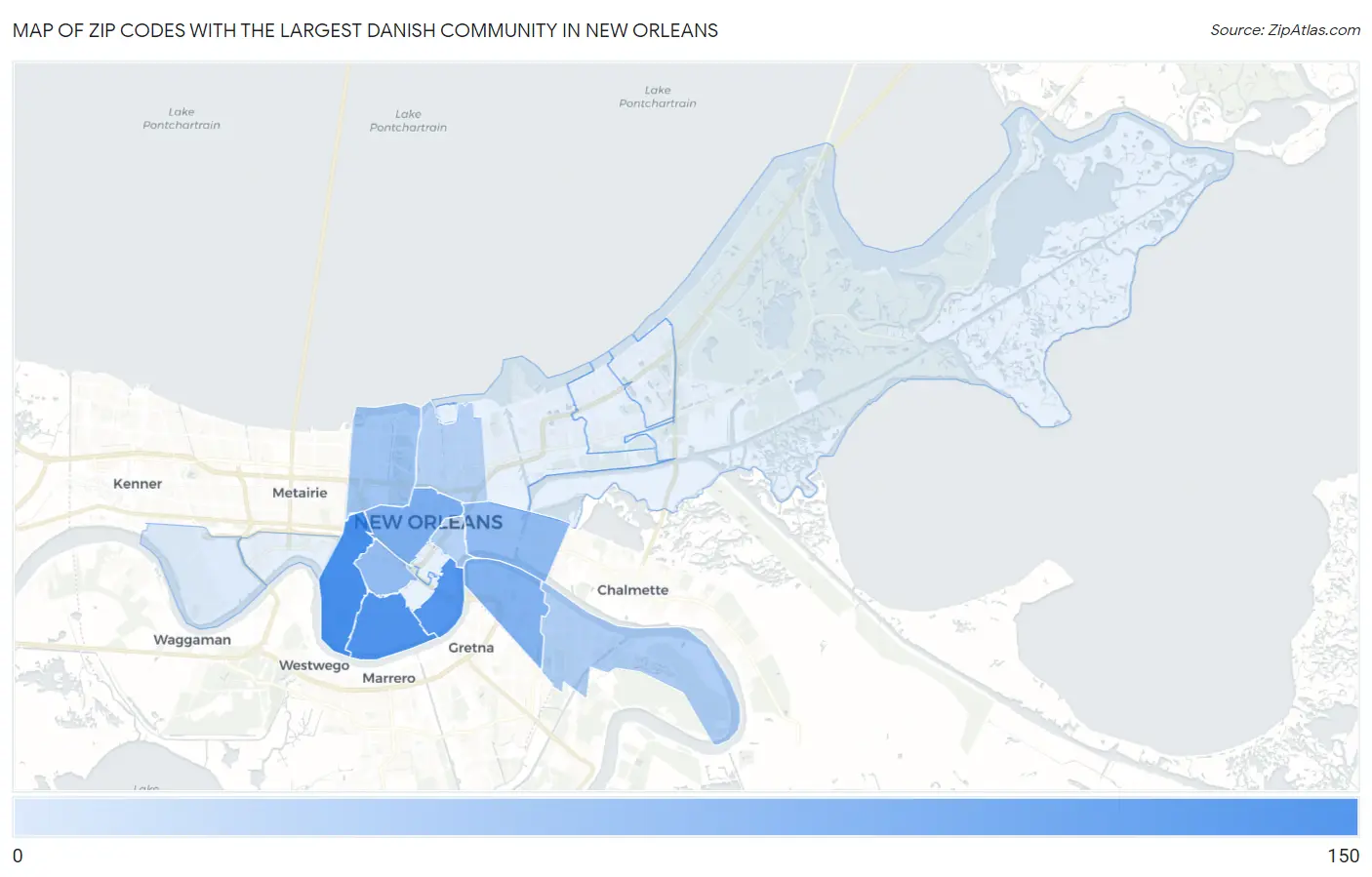 Zip Codes with the Largest Danish Community in New Orleans Map