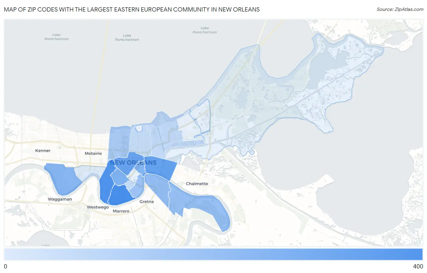 Zip Codes with the Largest Eastern European Community in New Orleans Map