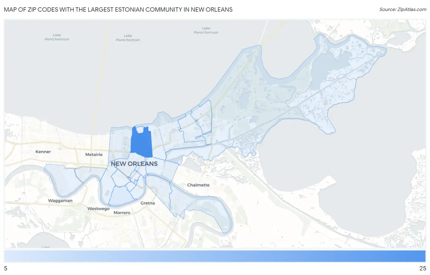 Zip Codes with the Largest Estonian Community in New Orleans Map