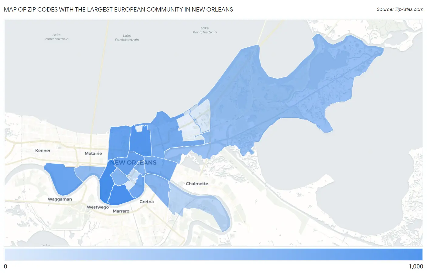 Zip Codes with the Largest European Community in New Orleans Map