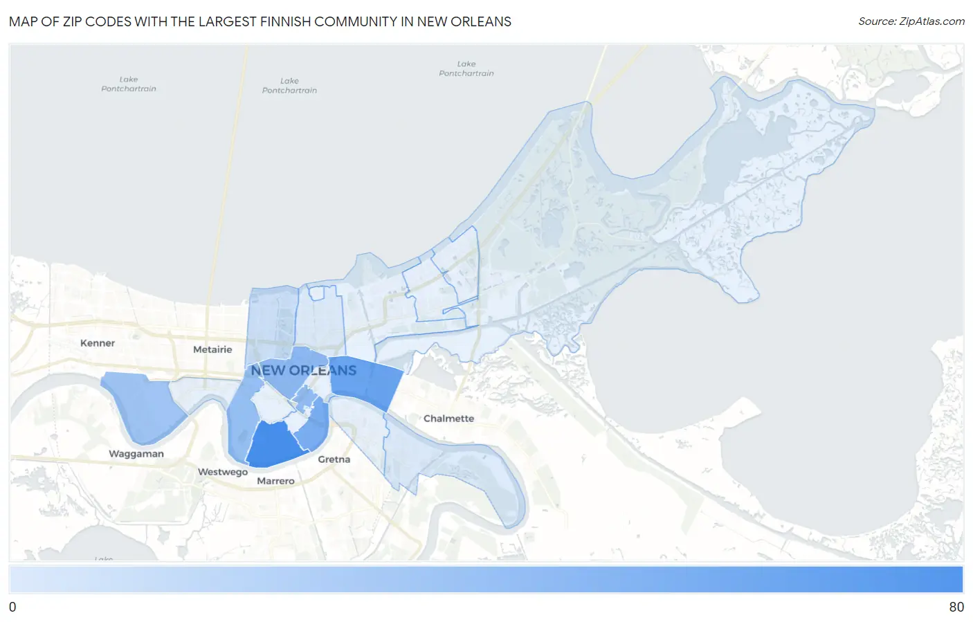 Zip Codes with the Largest Finnish Community in New Orleans Map