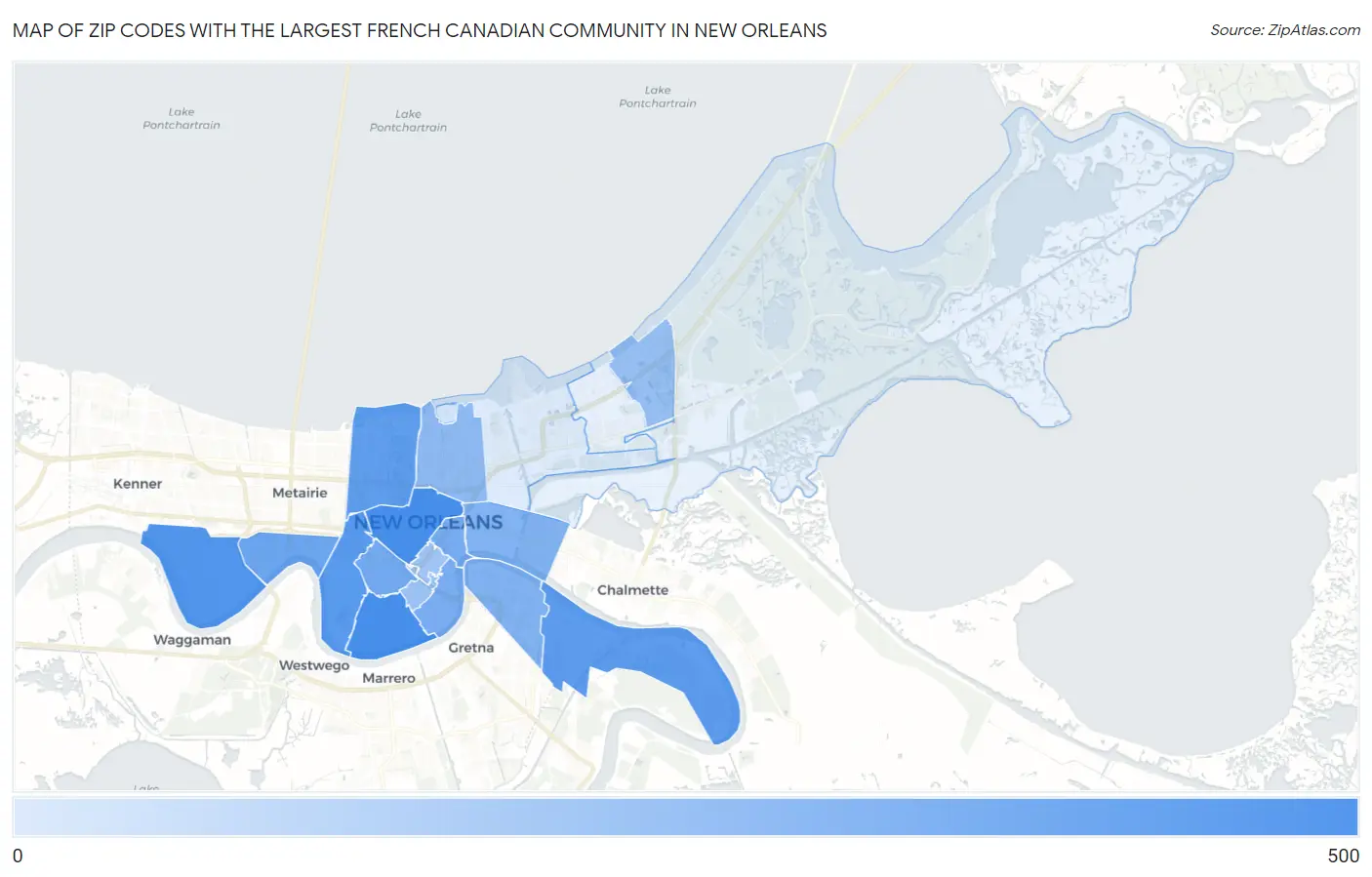 Zip Codes with the Largest French Canadian Community in New Orleans Map
