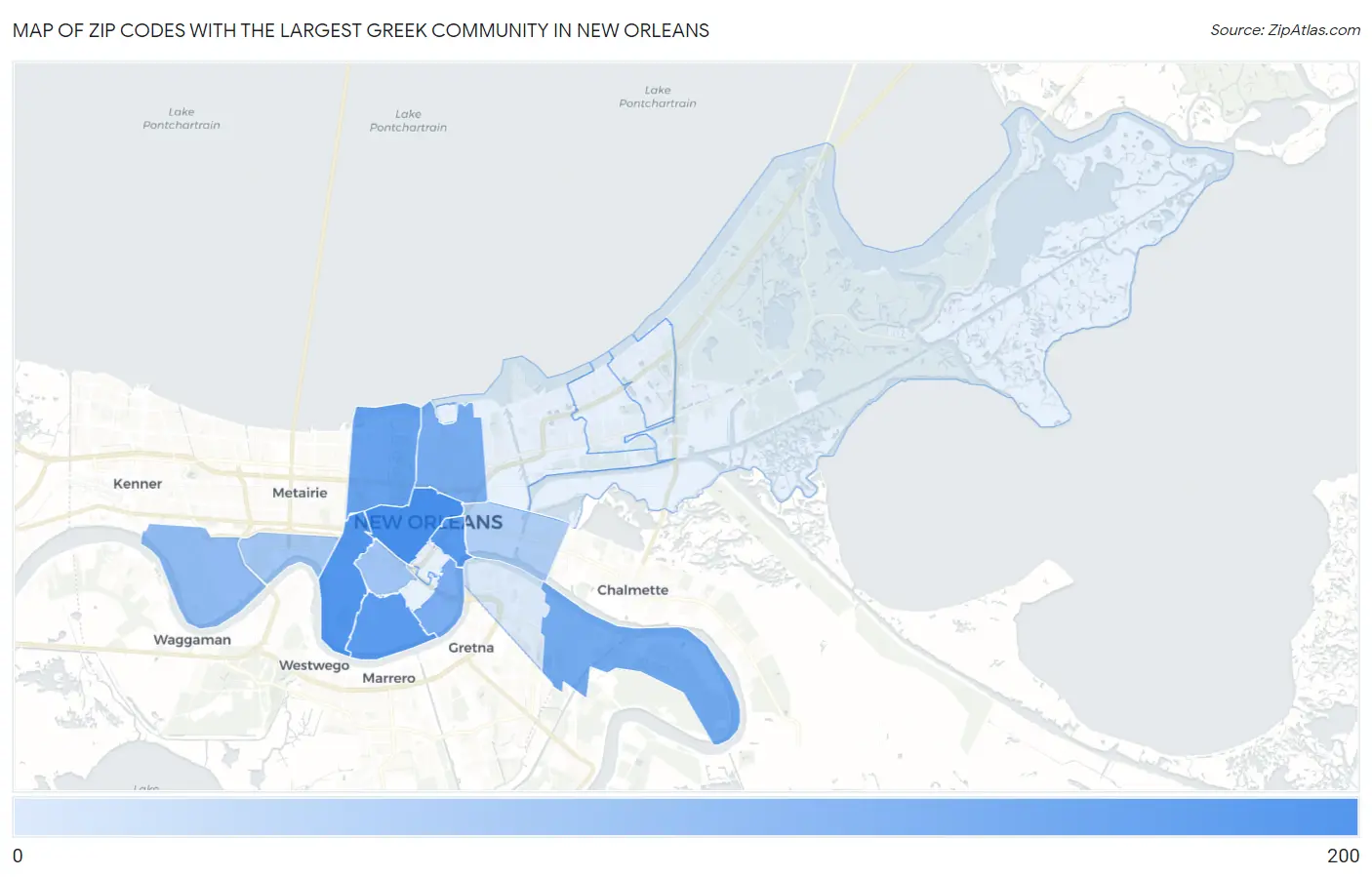 Zip Codes with the Largest Greek Community in New Orleans Map