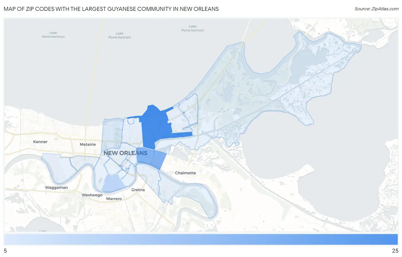 Zip Codes with the Largest Guyanese Community in New Orleans Map