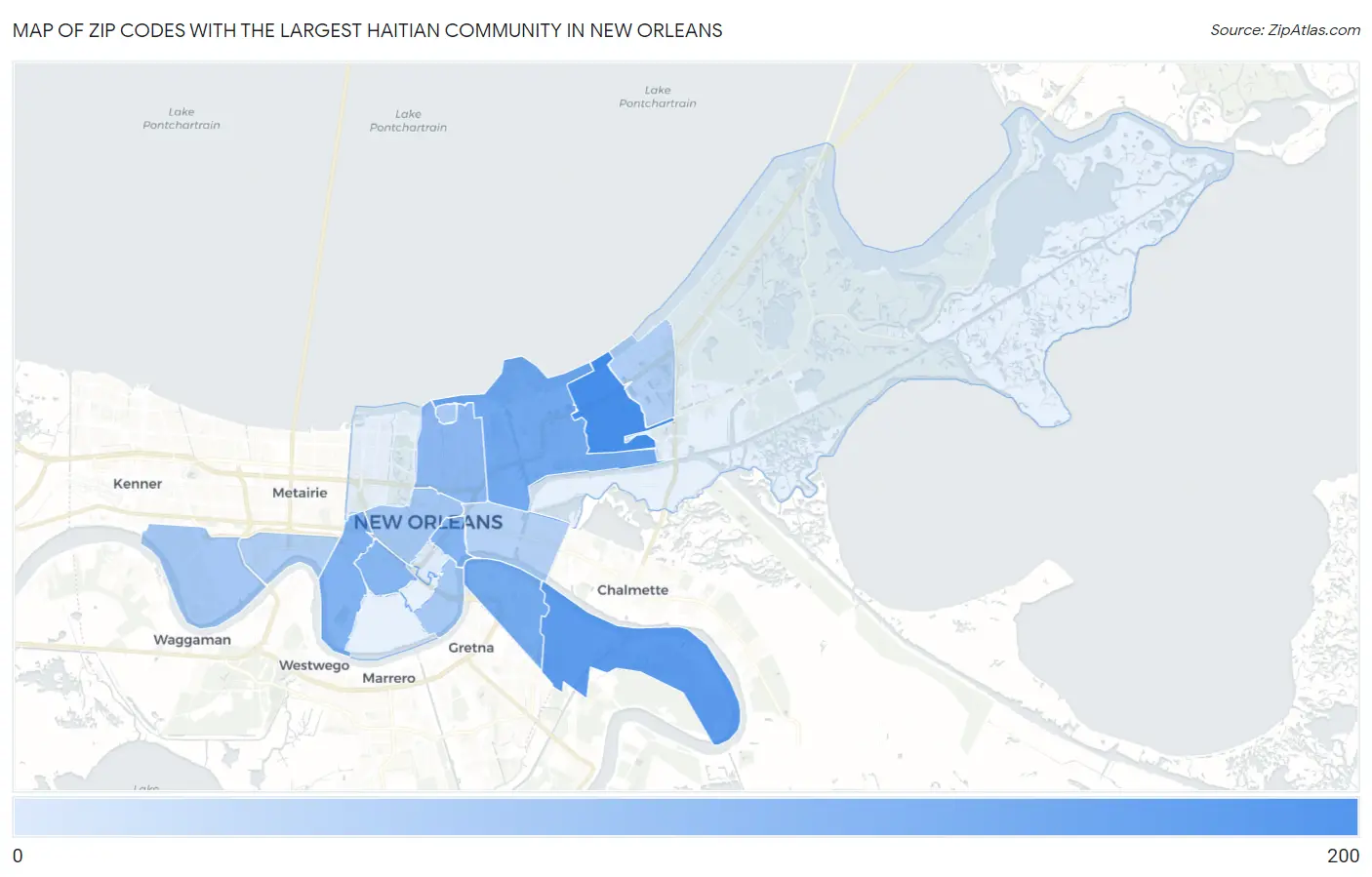 Zip Codes with the Largest Haitian Community in New Orleans Map