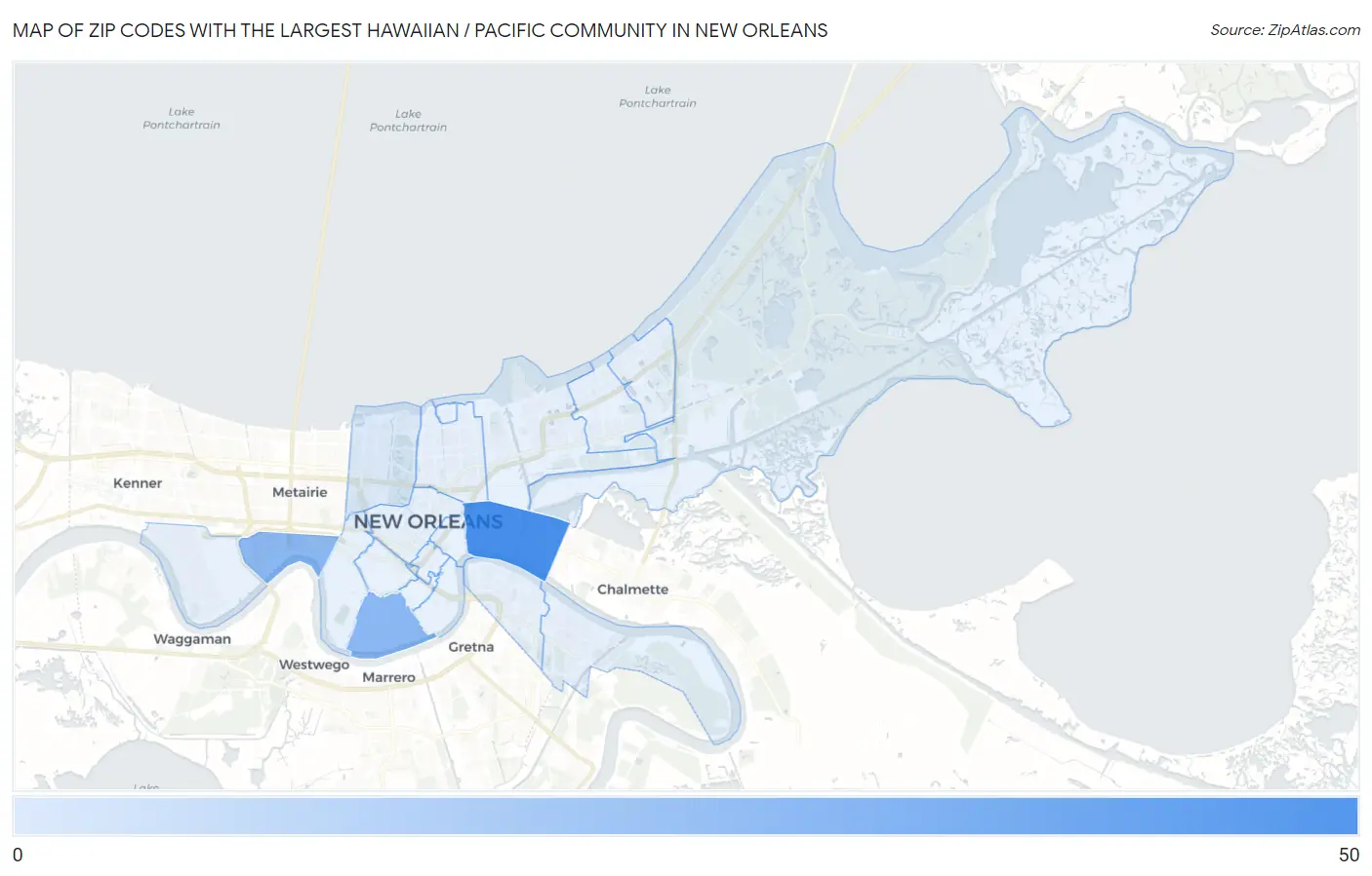 Zip Codes with the Largest Hawaiian / Pacific Community in New Orleans Map