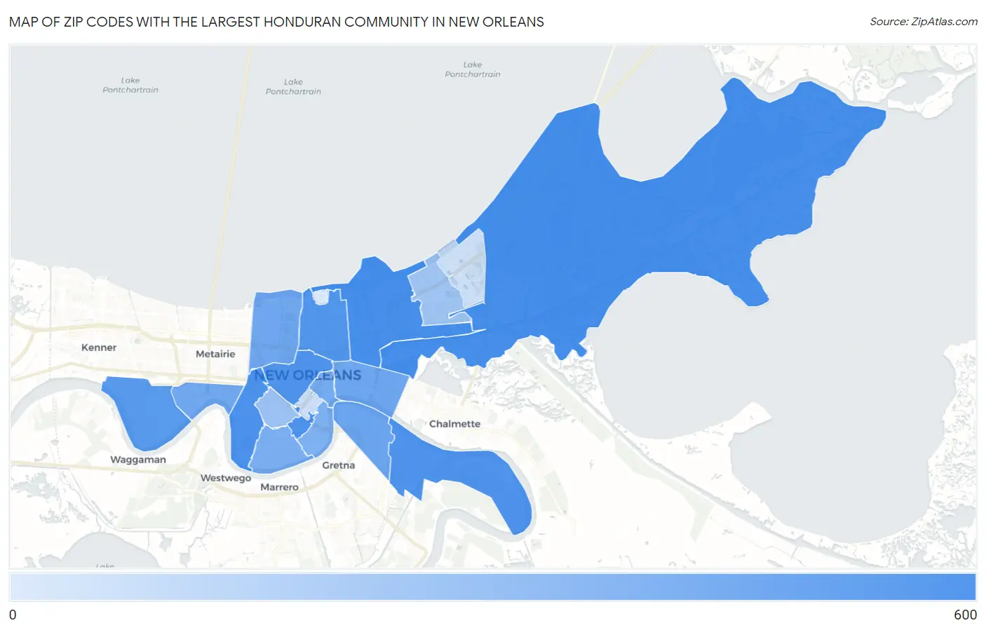 Zip Codes with the Largest Honduran Community in New Orleans Map