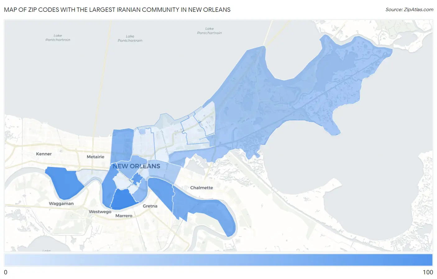Zip Codes with the Largest Iranian Community in New Orleans Map
