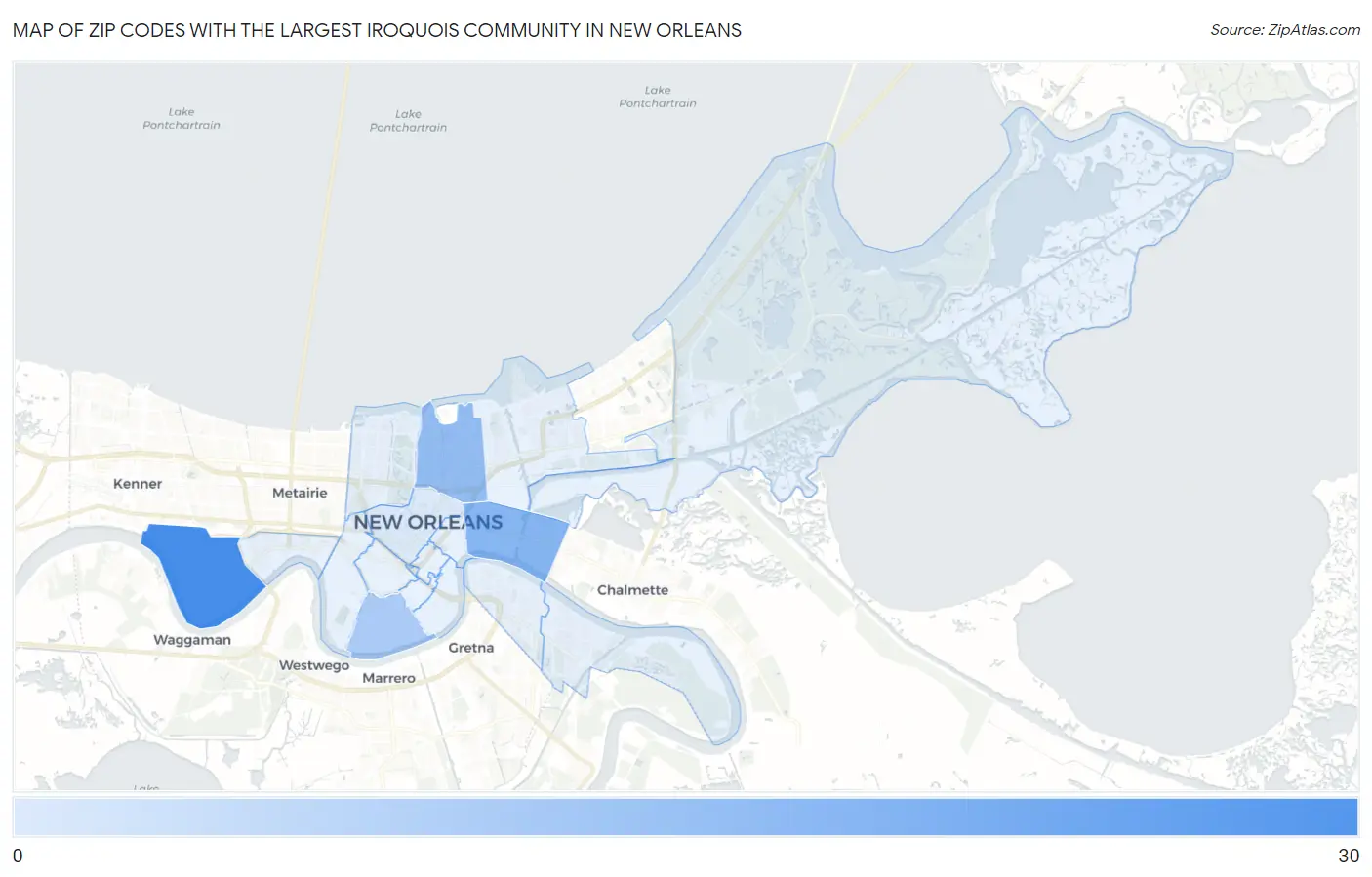 Zip Codes with the Largest Iroquois Community in New Orleans Map