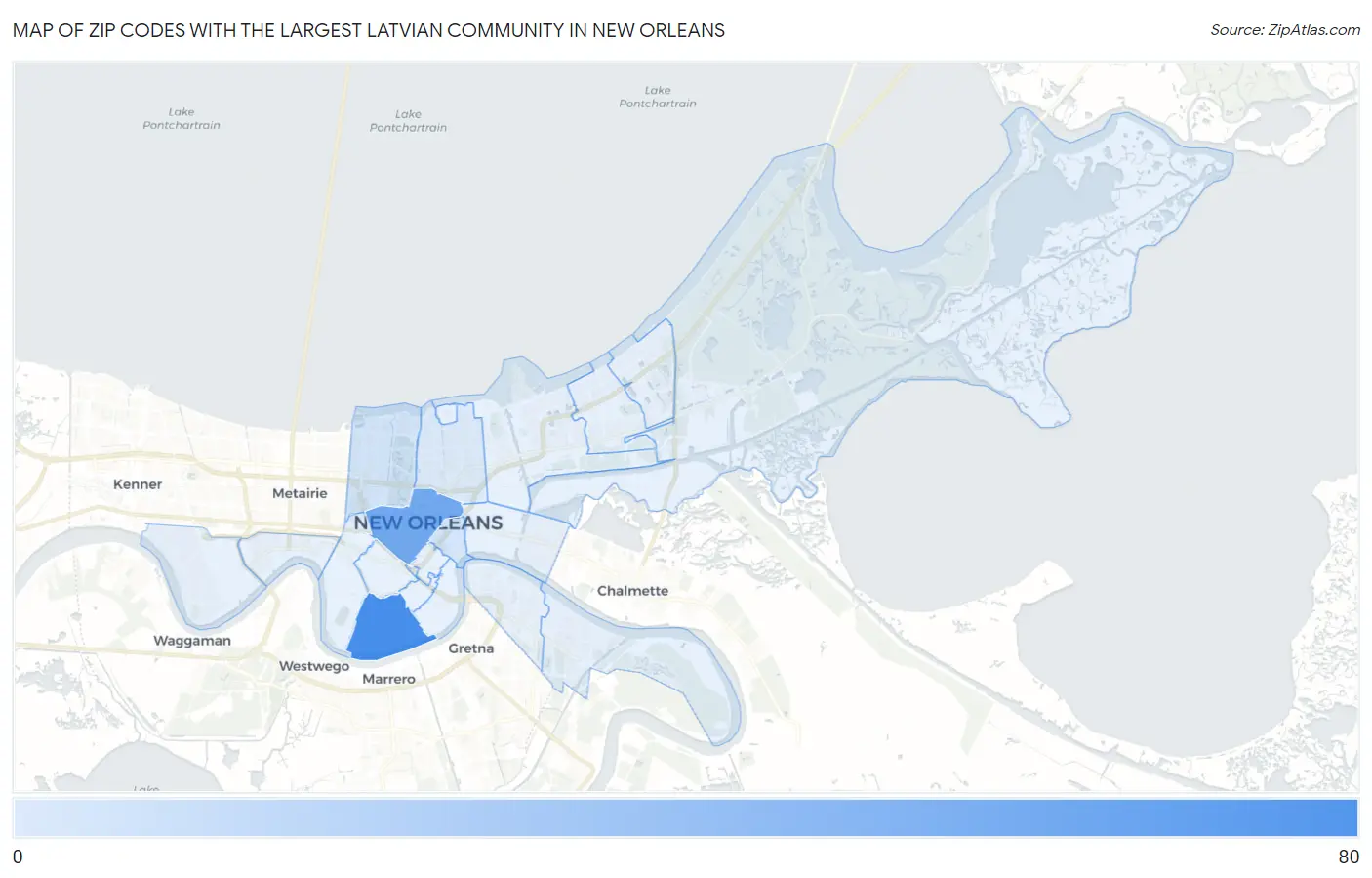 Zip Codes with the Largest Latvian Community in New Orleans Map