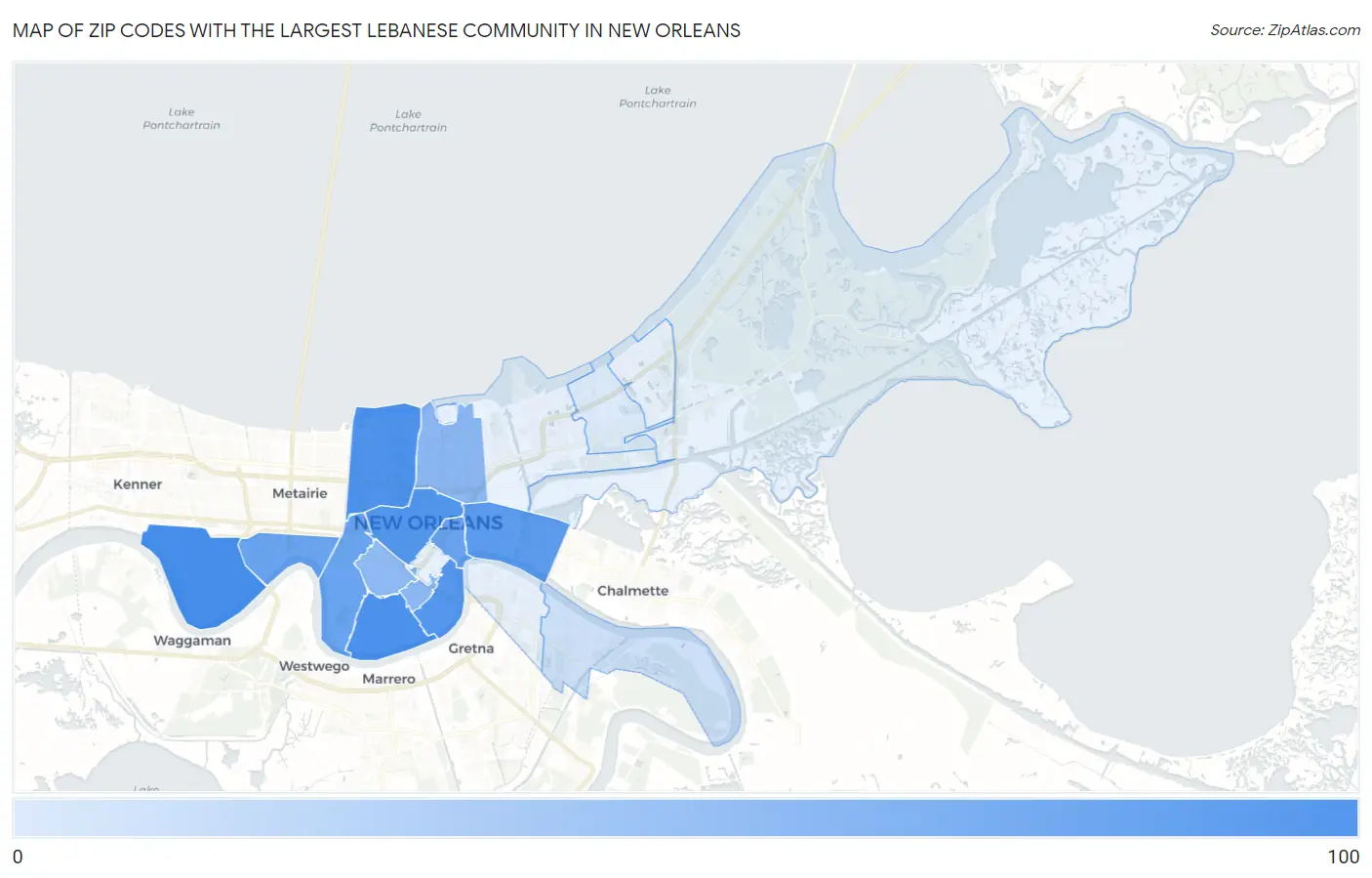 Zip Codes with the Largest Lebanese Community in New Orleans Map