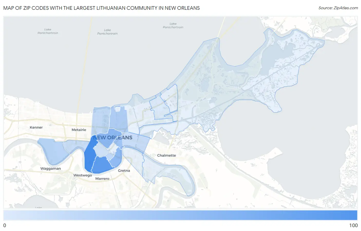 Zip Codes with the Largest Lithuanian Community in New Orleans Map