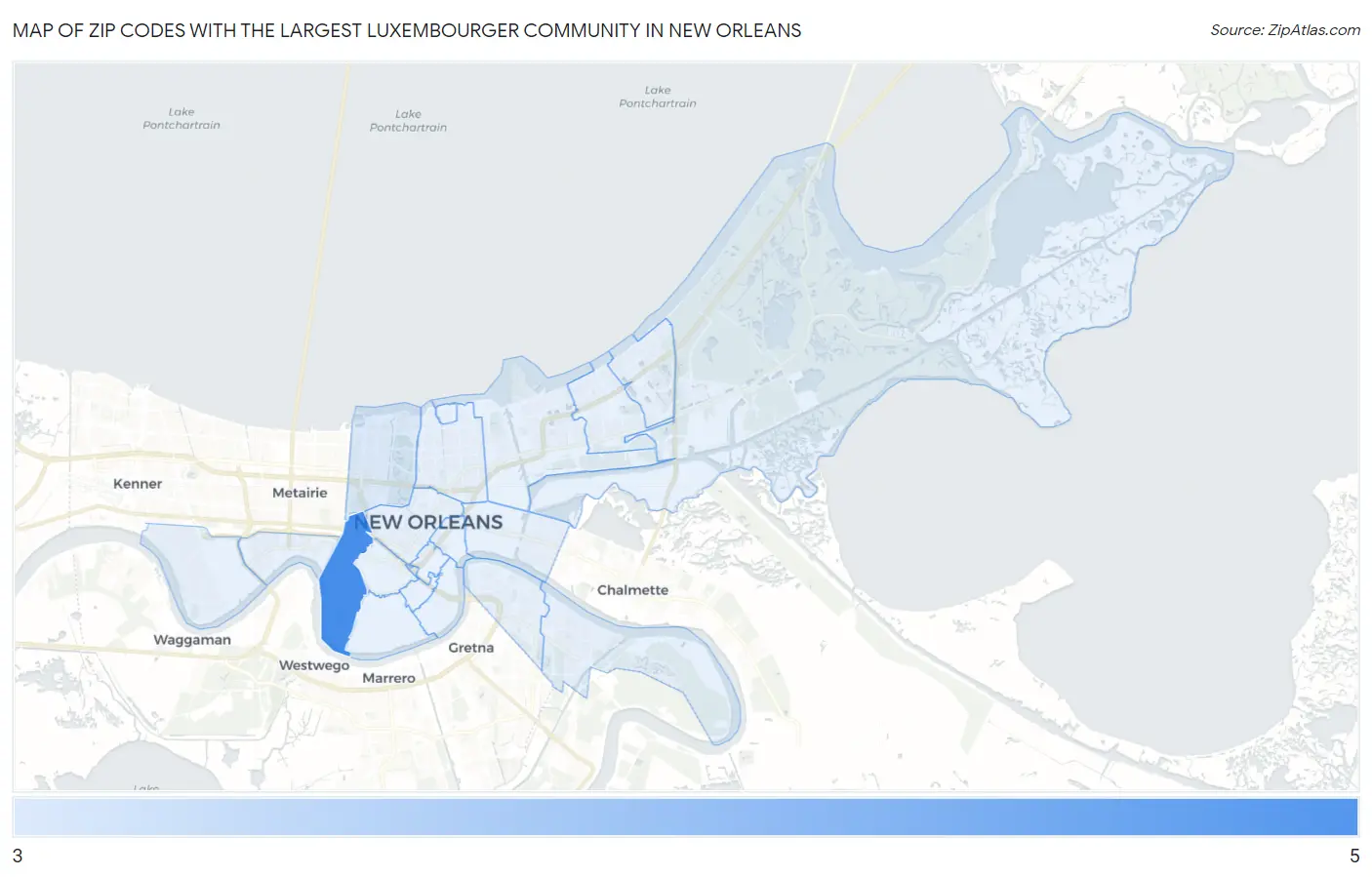 Zip Codes with the Largest Luxembourger Community in New Orleans Map