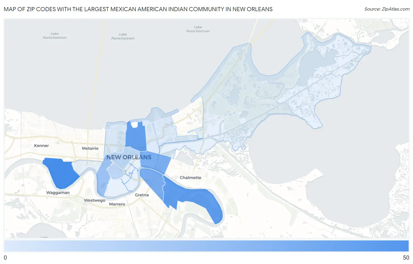 Zip Codes with the Largest Mexican American Indian Community in New Orleans Map