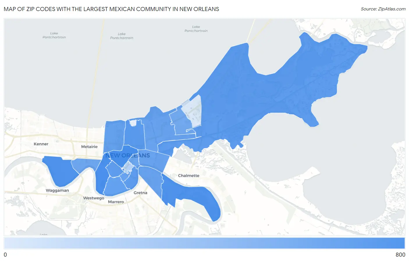 Zip Codes with the Largest Mexican Community in New Orleans Map