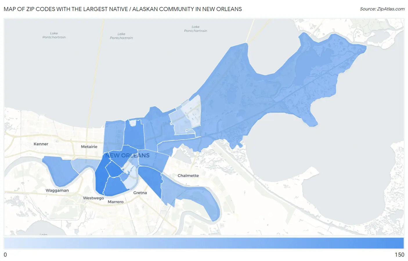Zip Codes with the Largest Native / Alaskan Community in New Orleans Map