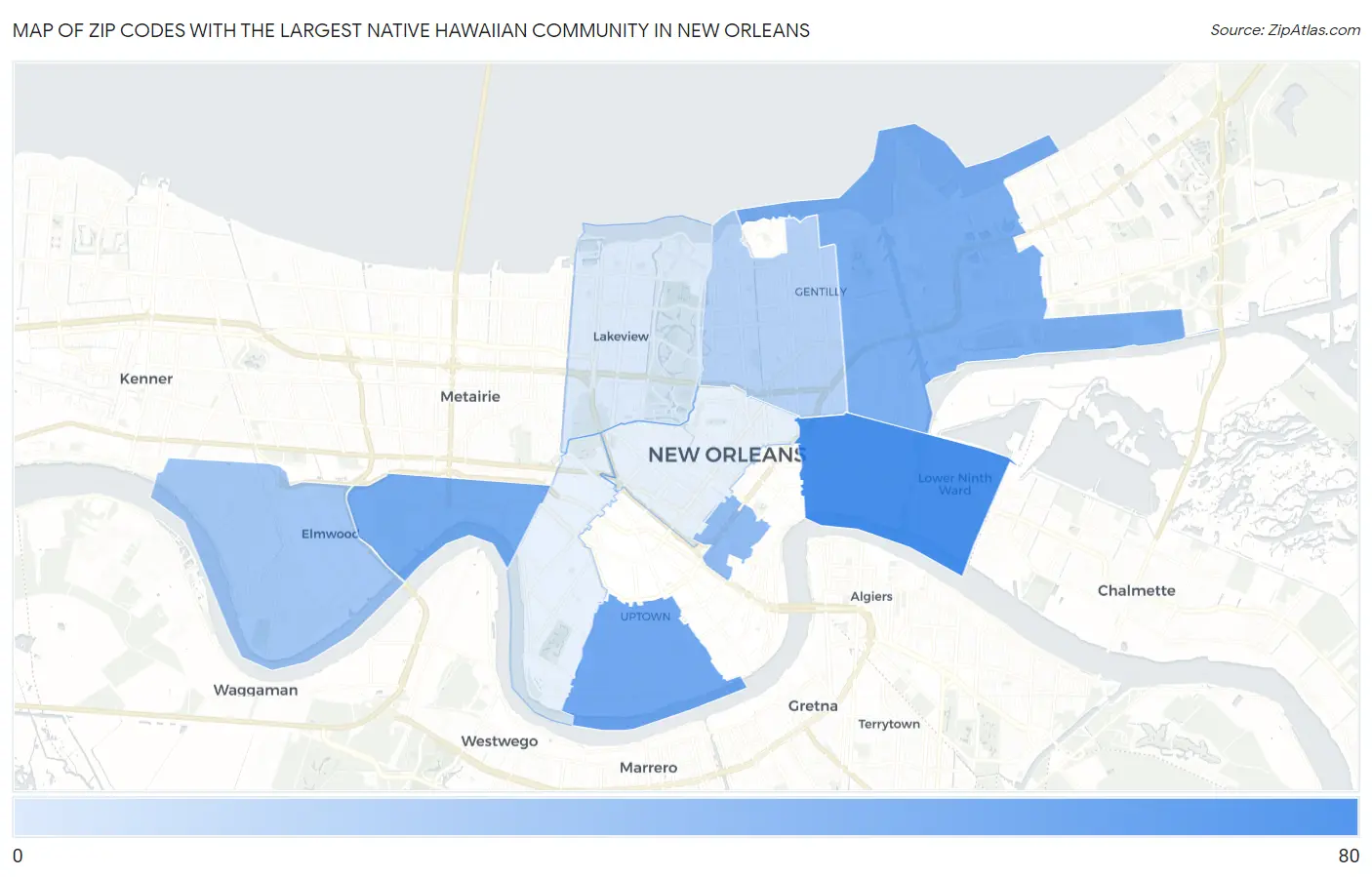 Zip Codes with the Largest Native Hawaiian Community in New Orleans Map