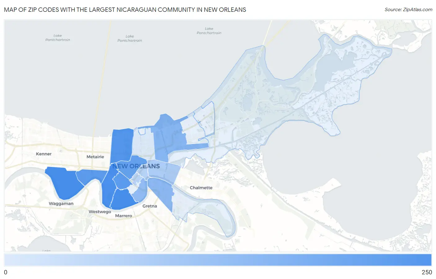 Zip Codes with the Largest Nicaraguan Community in New Orleans Map