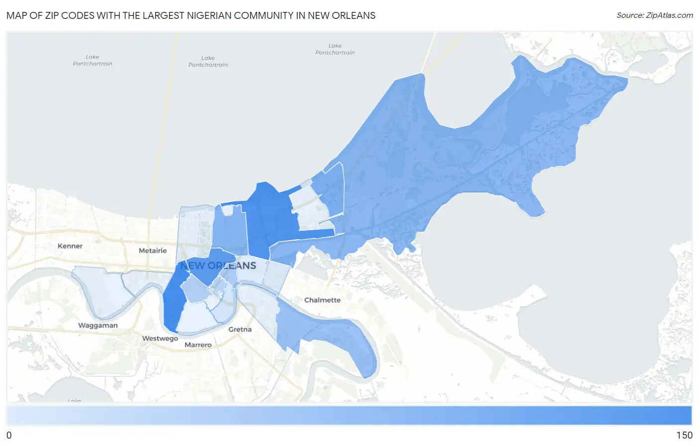 Zip Codes with the Largest Nigerian Community in New Orleans Map