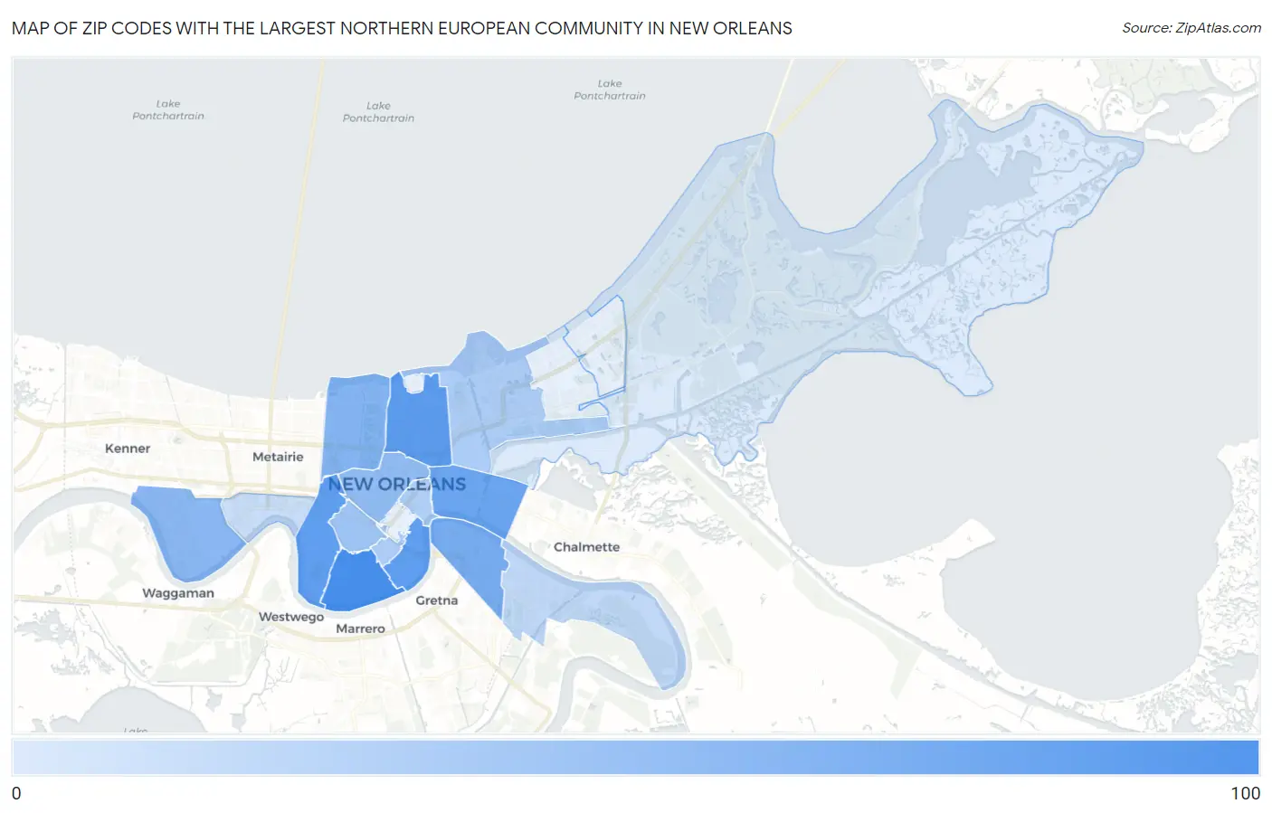 Zip Codes with the Largest Northern European Community in New Orleans Map