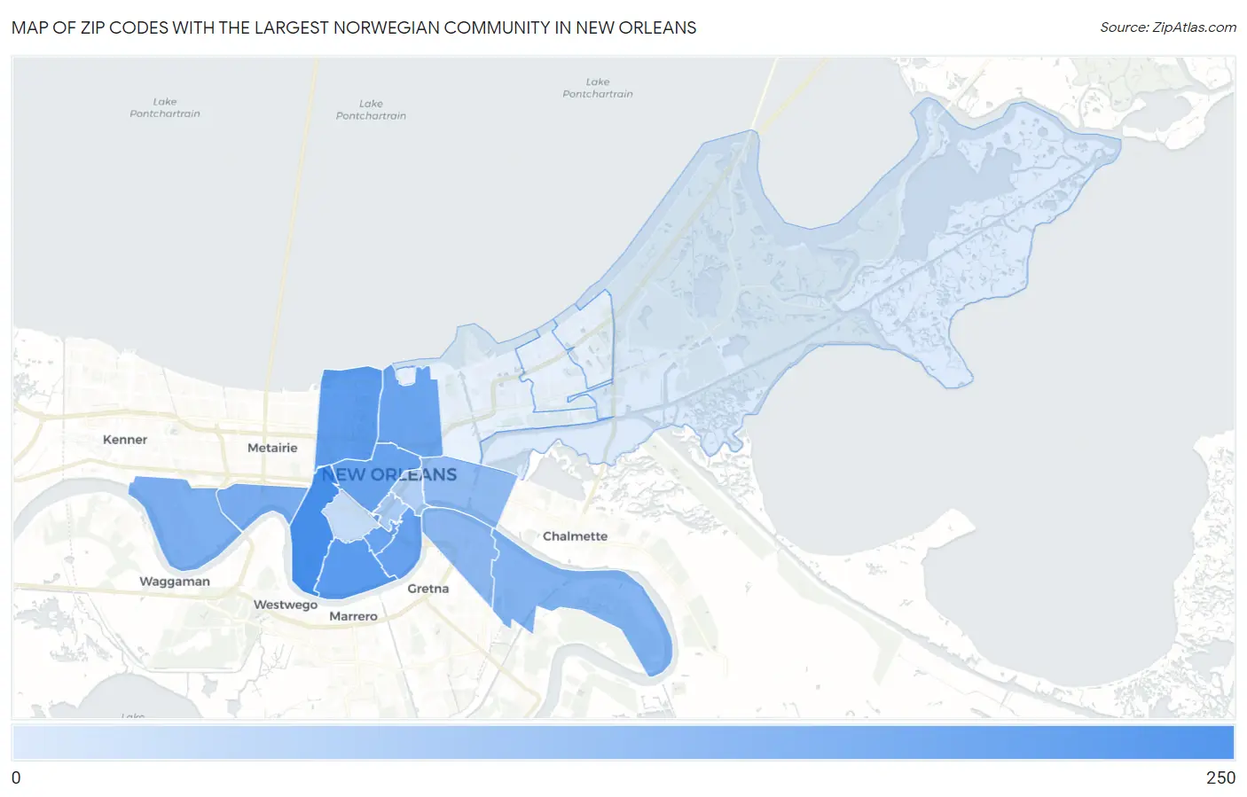 Zip Codes with the Largest Norwegian Community in New Orleans Map