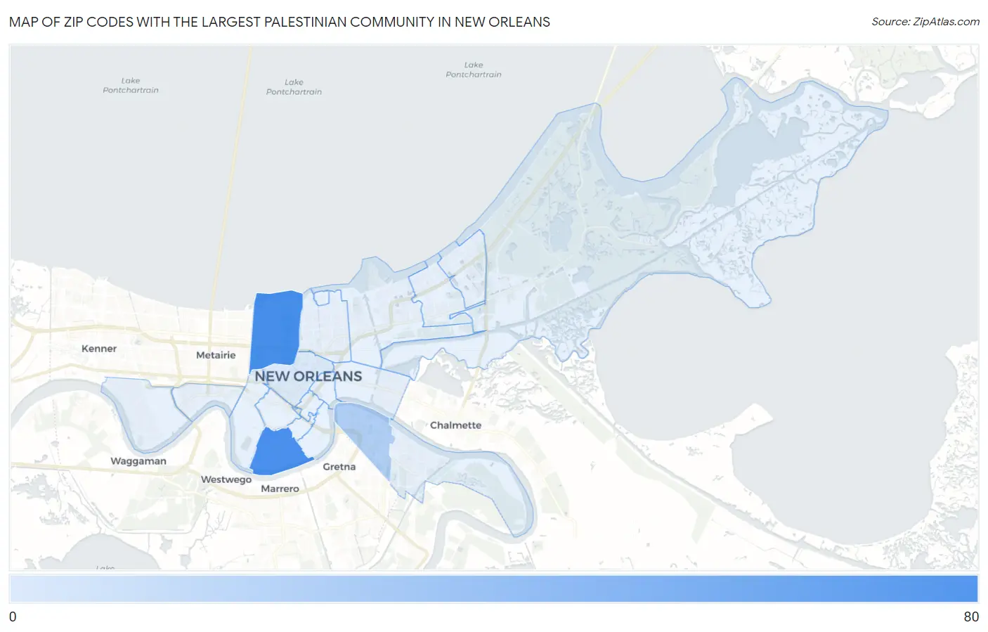 Zip Codes with the Largest Palestinian Community in New Orleans Map