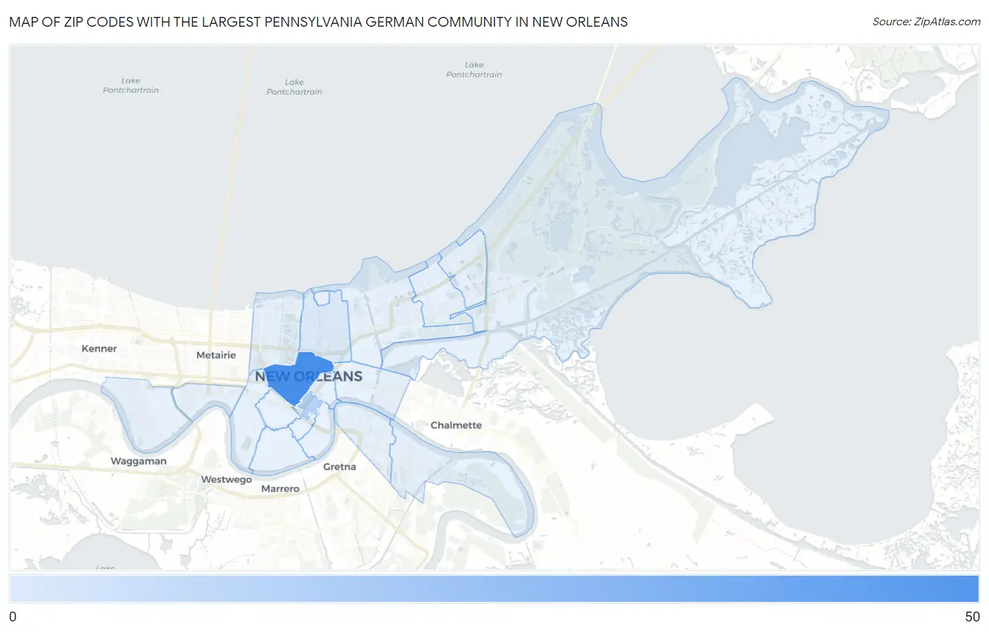 Zip Codes with the Largest Pennsylvania German Community in New Orleans Map