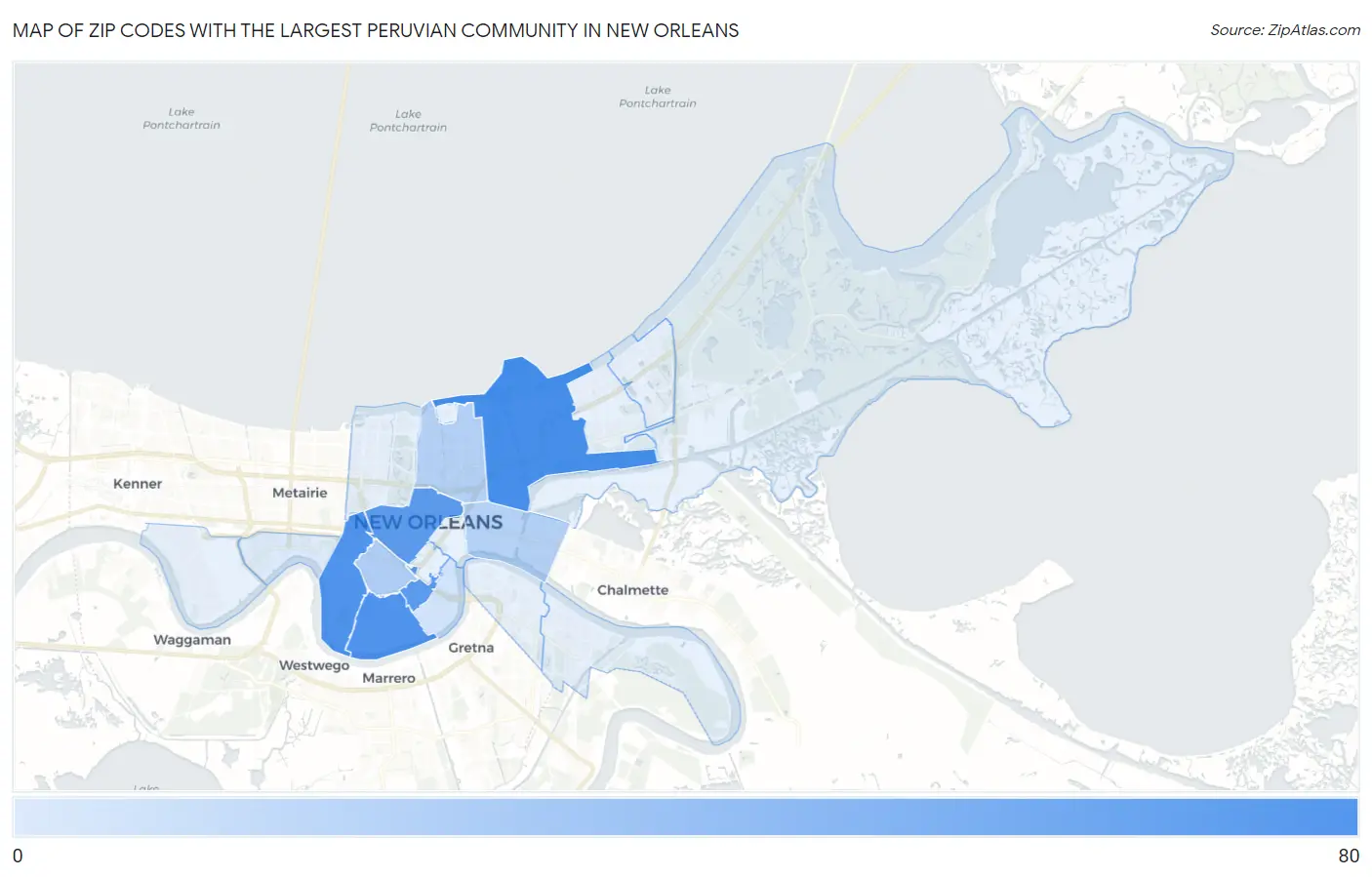 Zip Codes with the Largest Peruvian Community in New Orleans Map