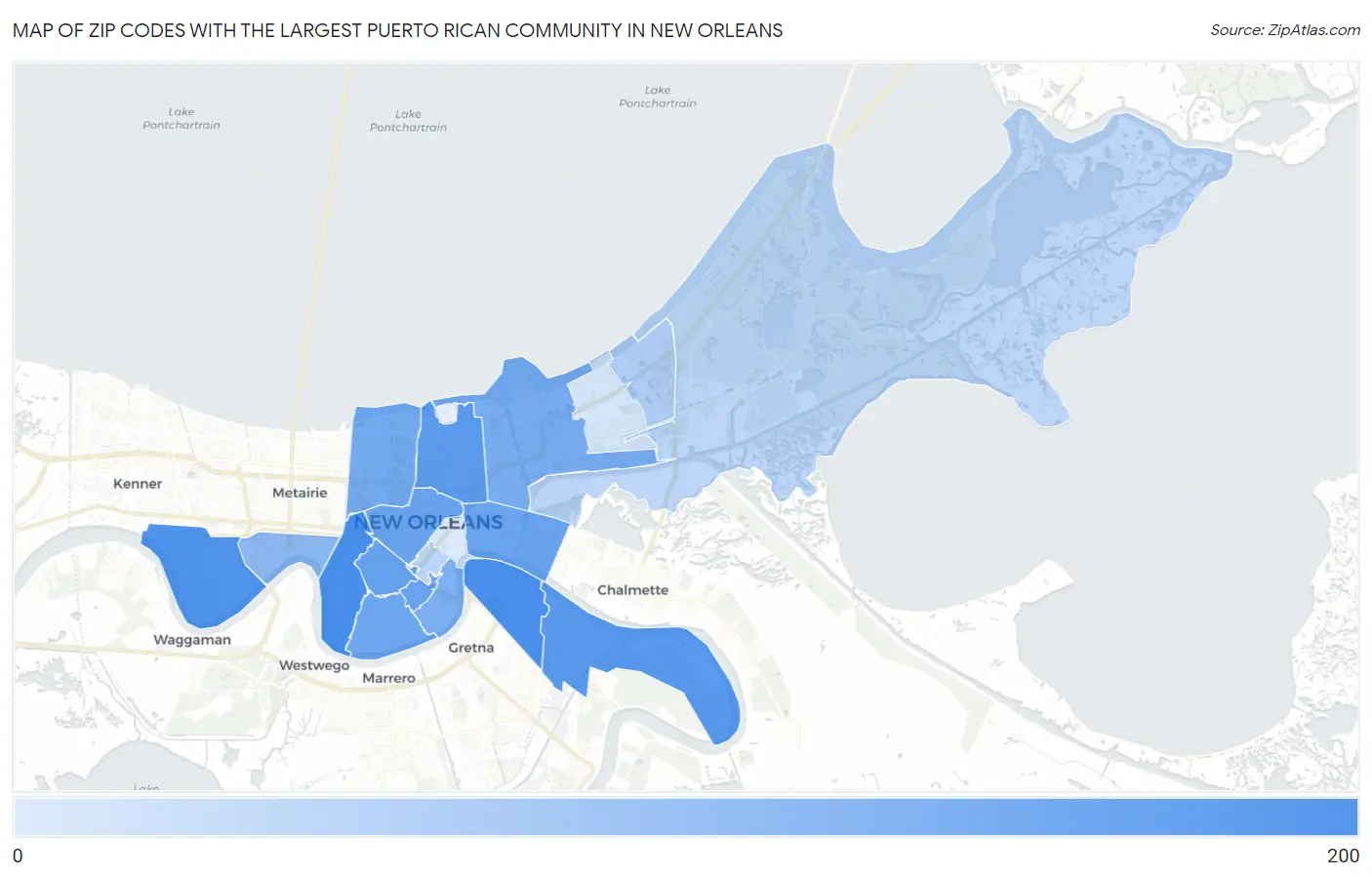 Zip Codes with the Largest Puerto Rican Community in New Orleans Map