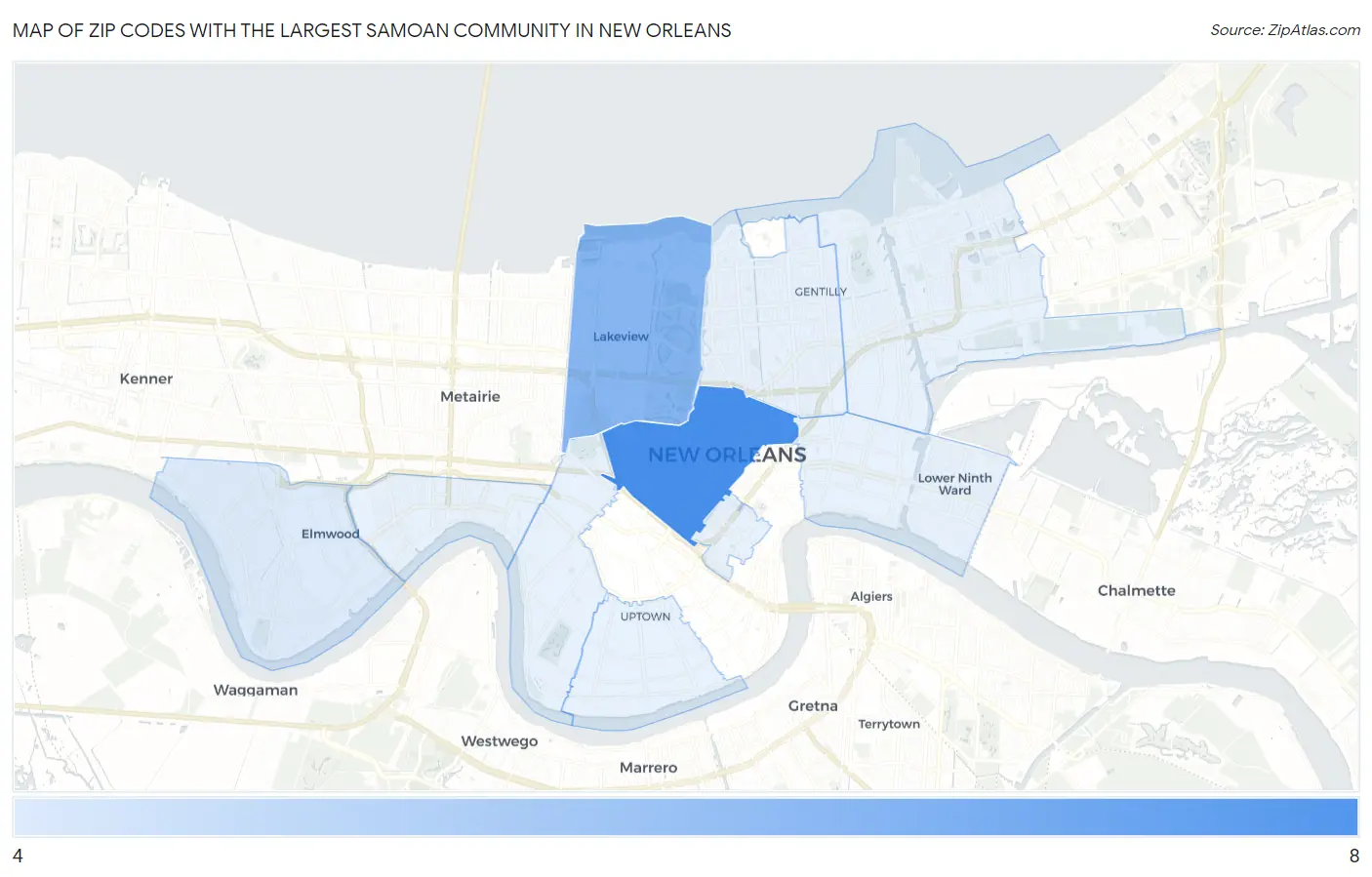Zip Codes with the Largest Samoan Community in New Orleans Map