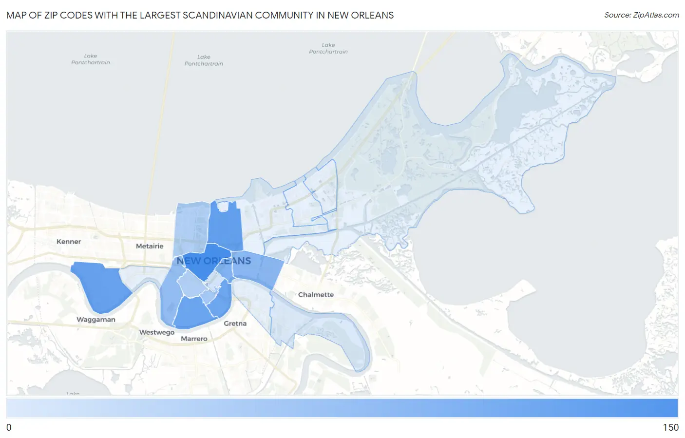 Zip Codes with the Largest Scandinavian Community in New Orleans Map