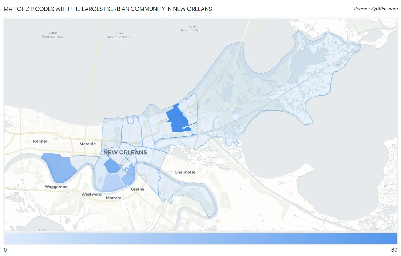 Zip Codes with the Largest Serbian Community in New Orleans Map