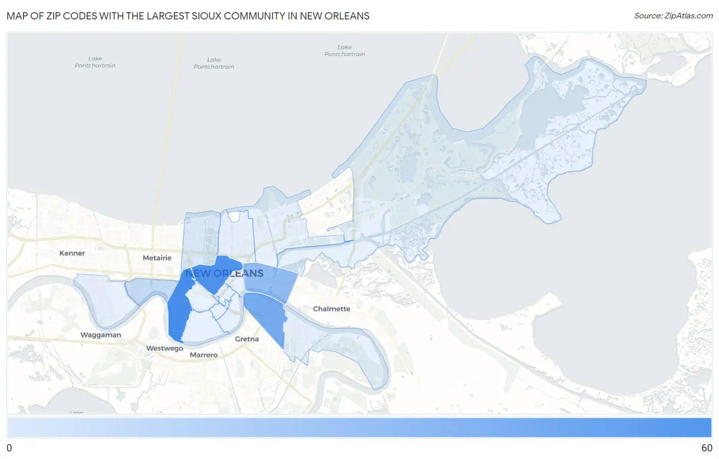 Zip Codes with the Largest Sioux Community in New Orleans Map