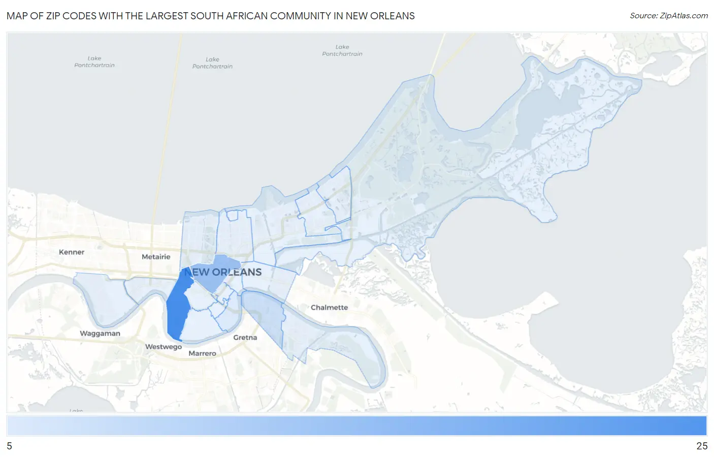 Zip Codes with the Largest South African Community in New Orleans Map