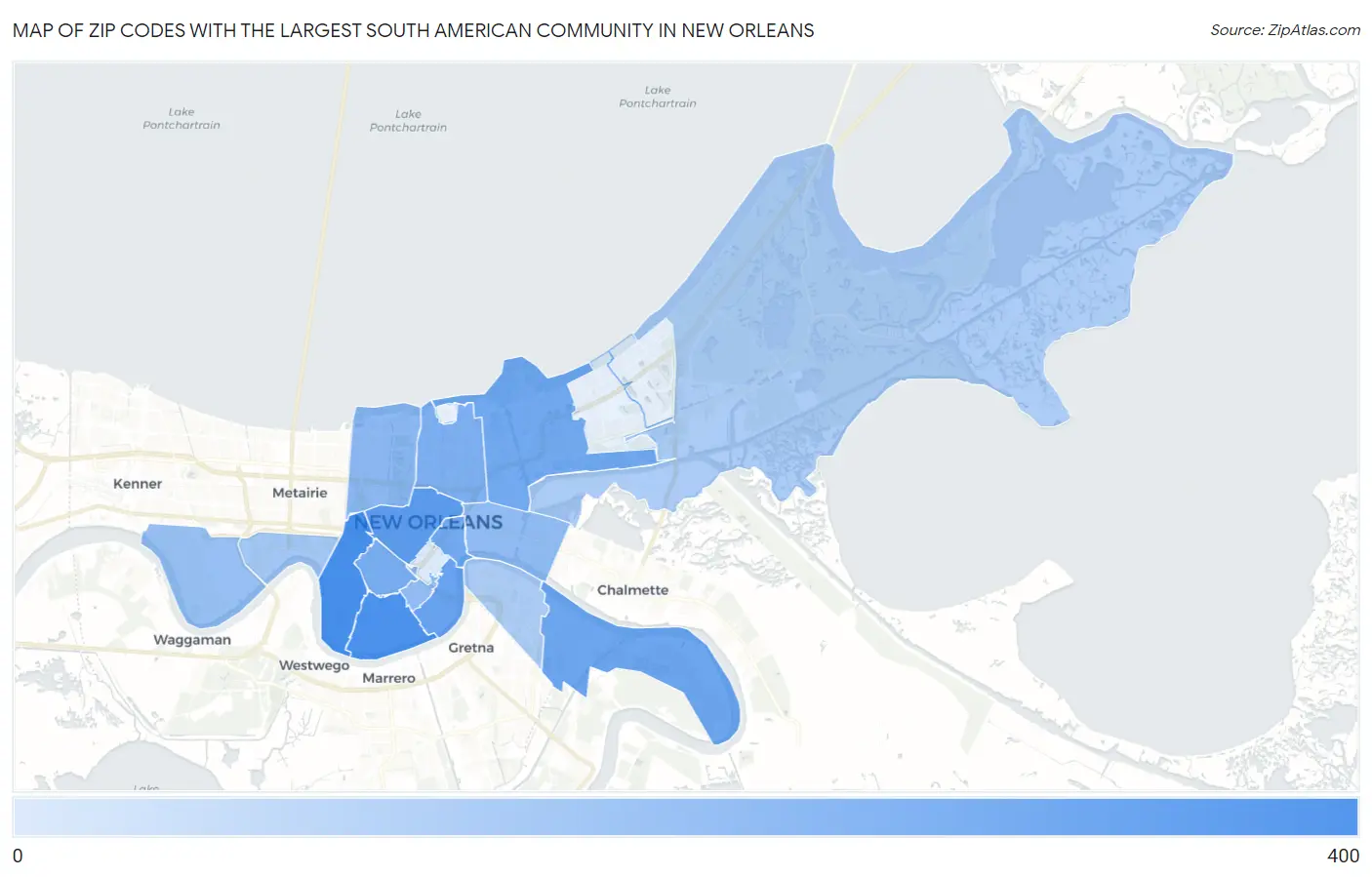Zip Codes with the Largest South American Community in New Orleans Map