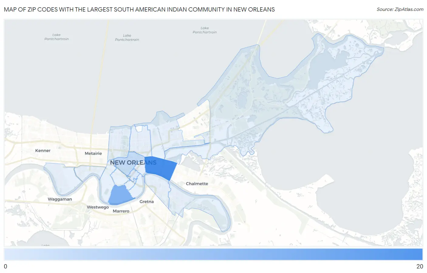 Zip Codes with the Largest South American Indian Community in New Orleans Map