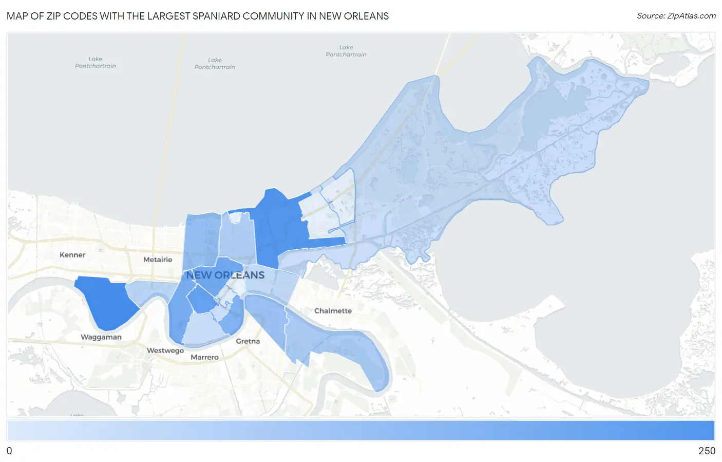 Zip Codes with the Largest Spaniard Community in New Orleans Map