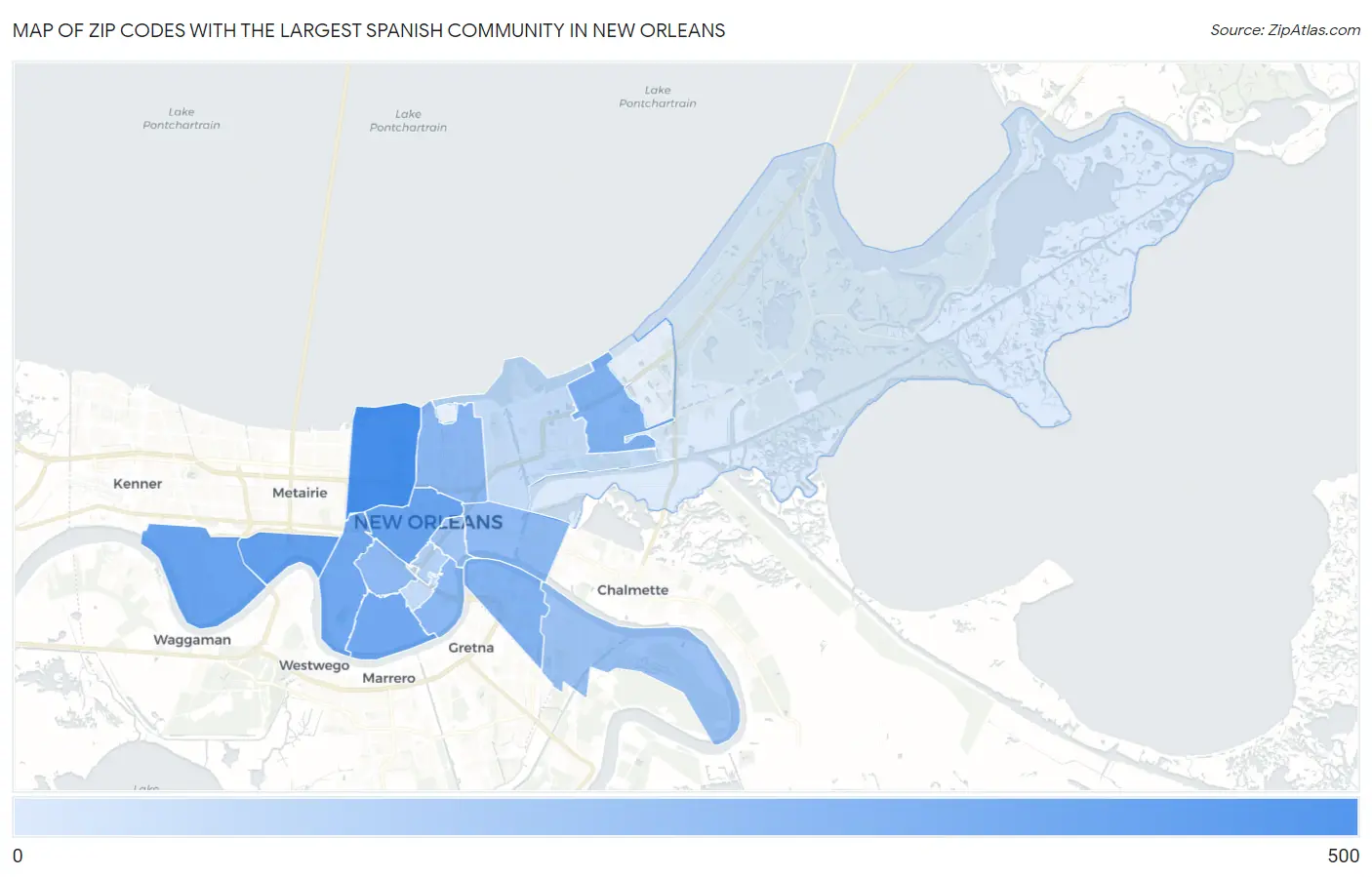 Zip Codes with the Largest Spanish Community in New Orleans Map