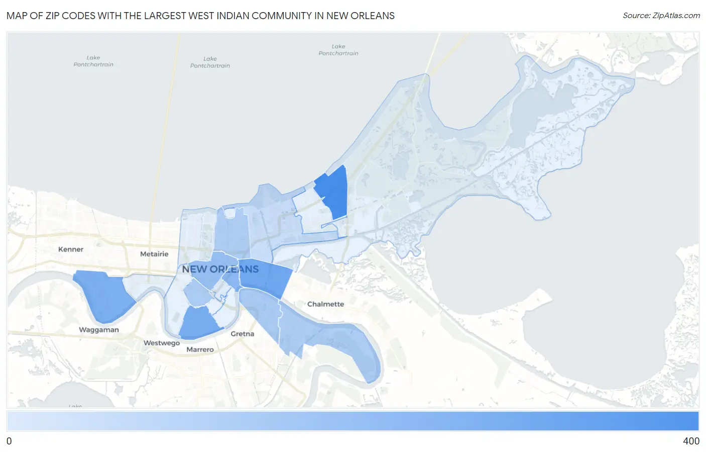 Zip Codes with the Largest West Indian Community in New Orleans Map