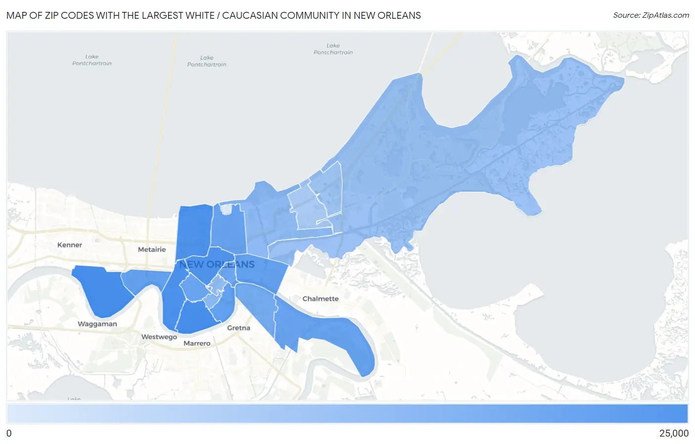 Zip Codes with the Largest White / Caucasian Community in New Orleans Map