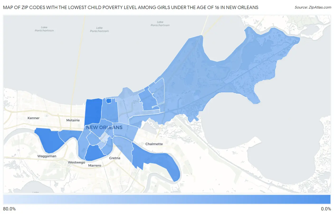 Zip Codes with the Lowest Child Poverty Level Among Girls Under the Age of 16 in New Orleans Map