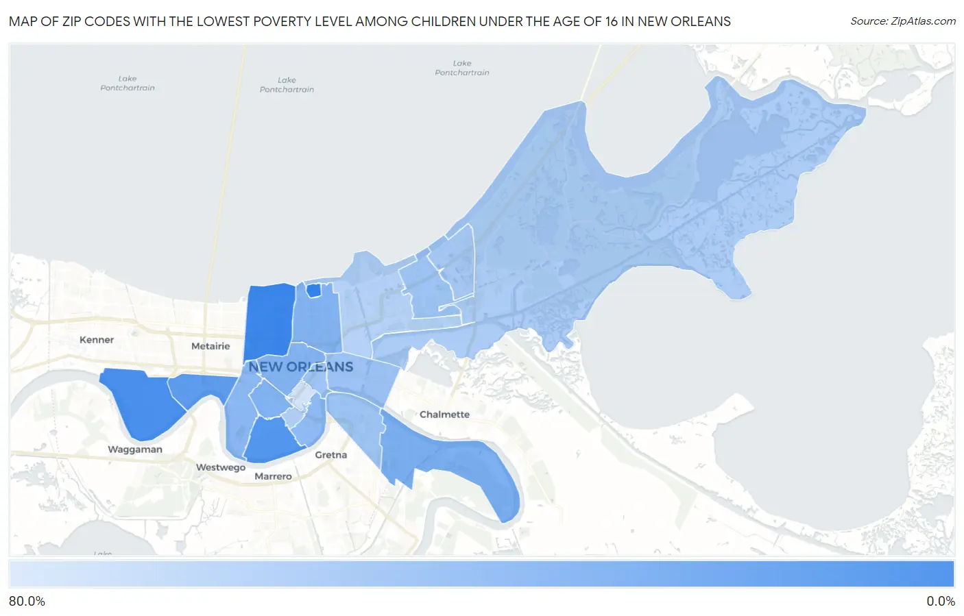 Zip Codes with the Lowest Poverty Level Among Children Under the Age of 16 in New Orleans Map