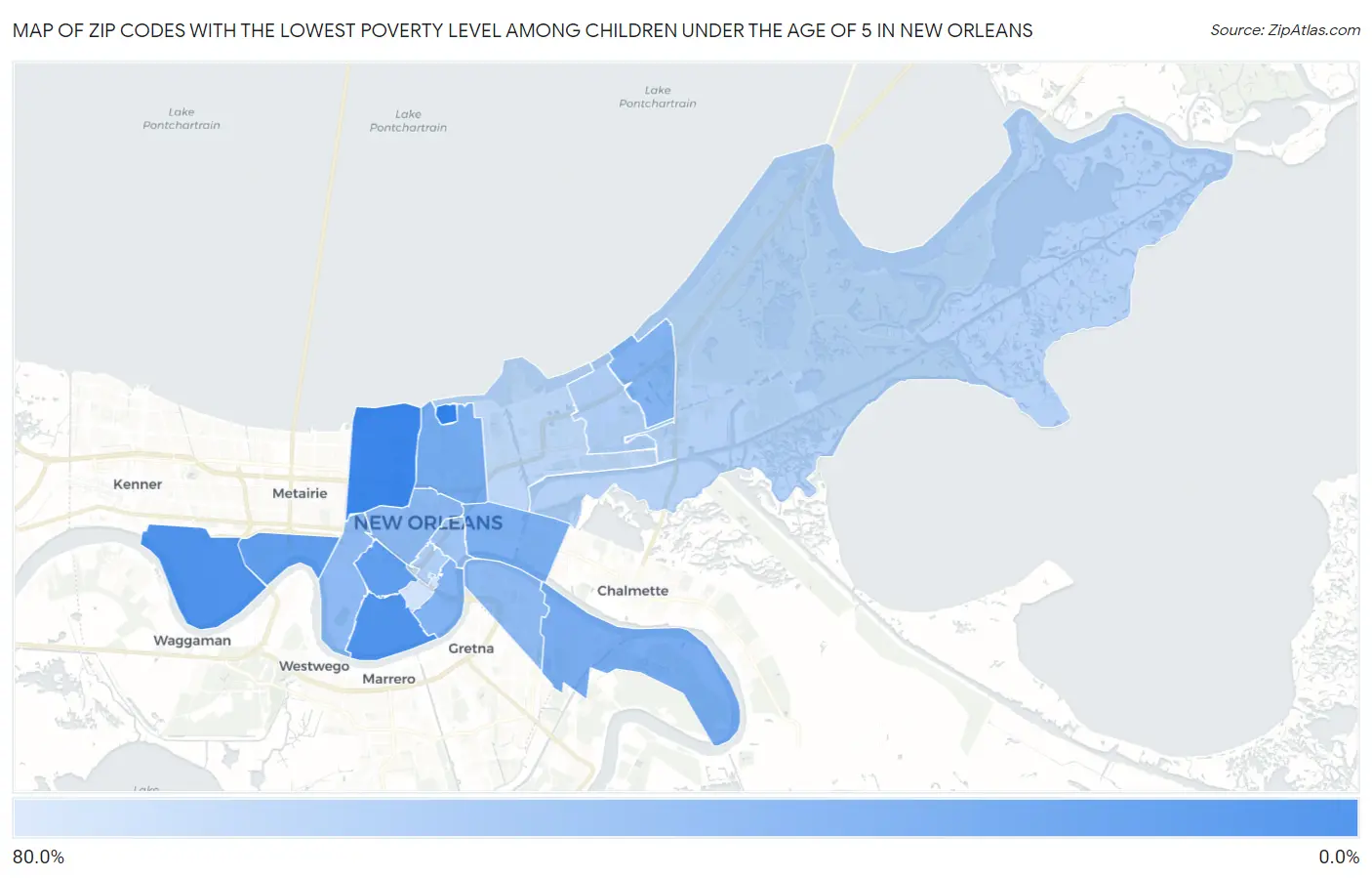 Zip Codes with the Lowest Poverty Level Among Children Under the Age of 5 in New Orleans Map